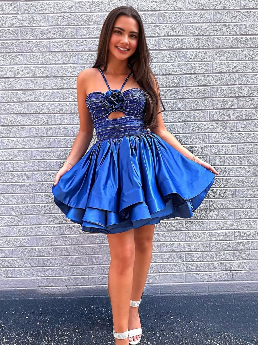Darcelle | Royal Blue - Halter A Line Satin Beaded Homecoming Dresses With Flower