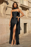 Black- Strapless Sheath Satin Pleated Formal Prom Dresses With Slit - KissProm