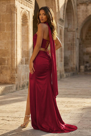 Burgundy- Strapless Sheath Satin Pleated Formal Prom Dresses With Slit - KissProm
