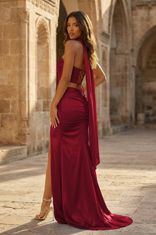 Burgundy- Strapless Sheath Satin Pleated Formal Prom Dresses With Slit - KissProm