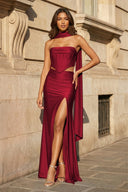 Burgundy- Strapless Sheath Satin Pleated Formal Prom Dresses With Slit - KissProm