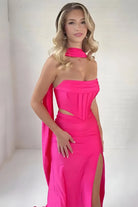 Darielle | Fuchsia - Strapless Sheath Satin Pleated Formal Prom Dresses With Slit - KissProm