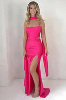 Darielle | Fuchsia - Strapless Sheath Satin Pleated Formal Prom Dresses With Slit - KissProm