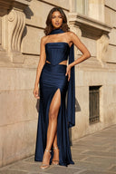 Navy Blue - Strapless Sheath Satin Pleated Formal Prom Dresses With Slit - KissProm