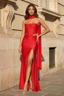 Red- Strapless Sheath Satin Pleated Formal Prom Dresses With Slit - KissProm