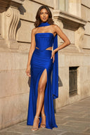 Royal Blue- Strapless Sheath Satin Pleated Formal Prom Dresses With Slit - KissProm