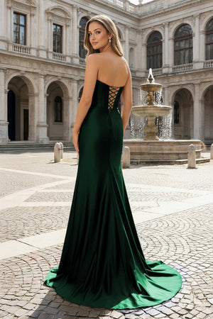 KissProm-Dark Green Sweetheart Satin Mermaid Long Prom Dresses with Beading