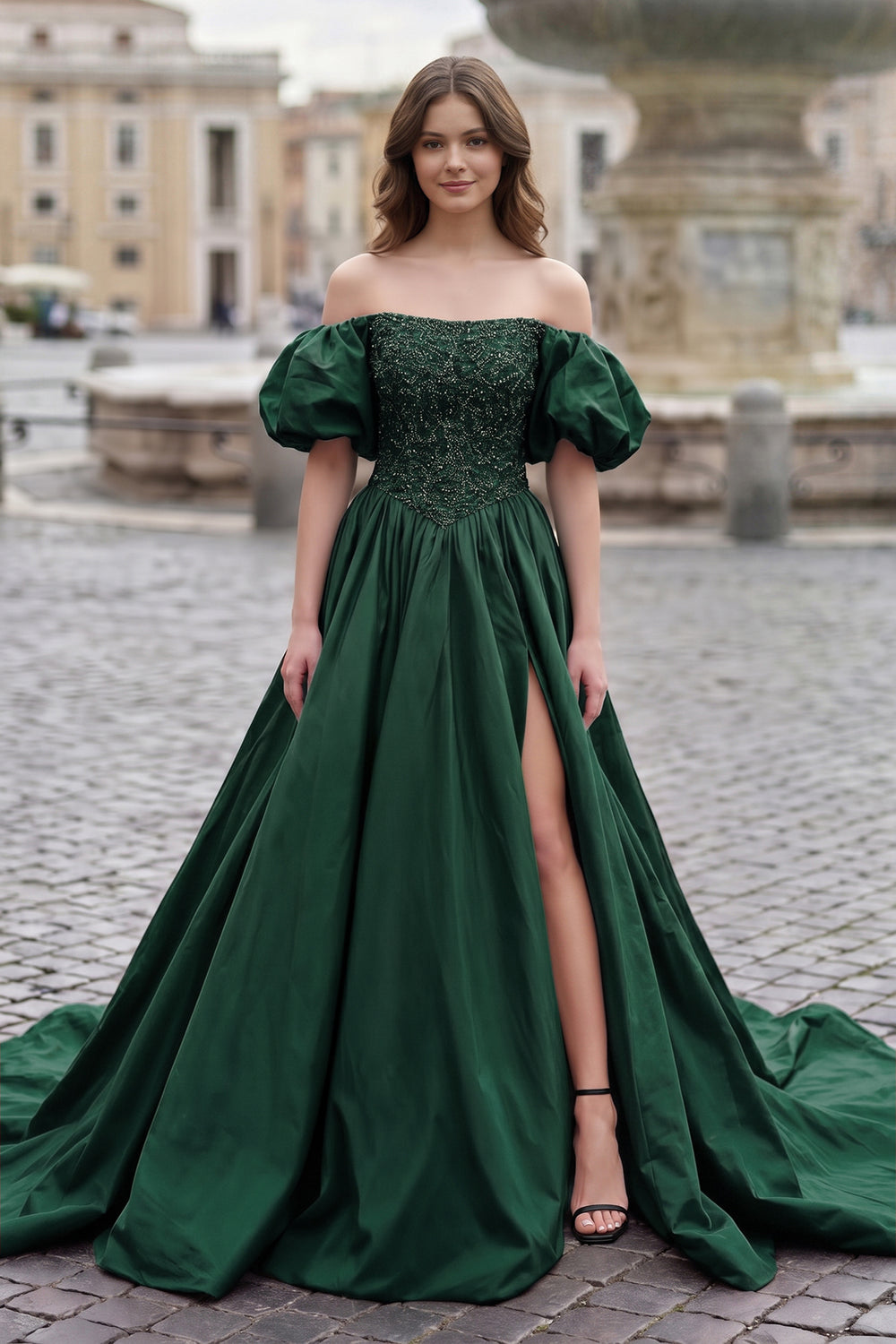 Dark Green A-Line Off The Shoulder Taffeta Prom Dress With Short Puffy Sleeves | KISSPROM
