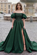 Dark Green A-Line Off The Shoulder Taffeta Prom Dress With Short Puffy Sleeves | KISSPROM