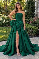 Dark Green A-line Strapless Taffeta Long Prom Dress With Slit | KISSPROM