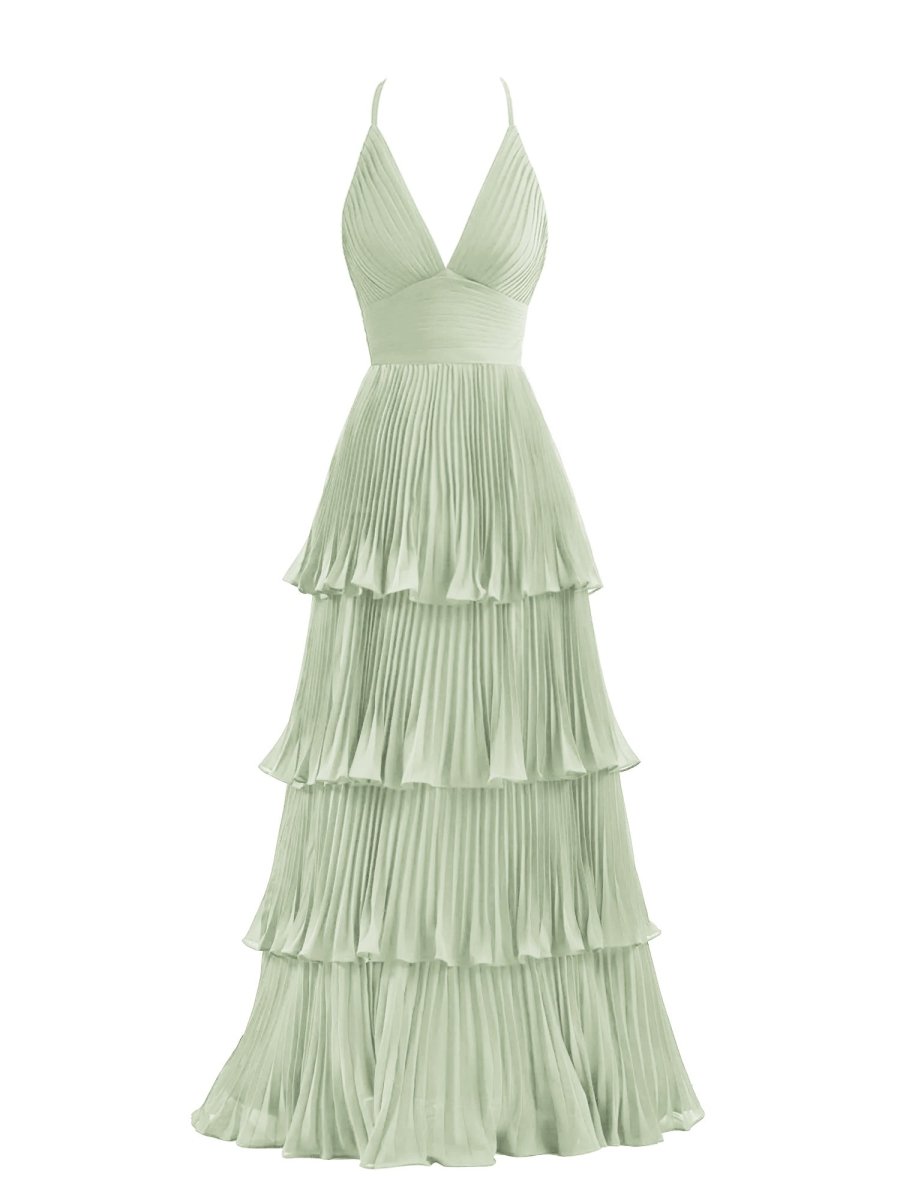 Dark Green A-Line Tiered Floor Length Chiffon Bridesmaid Dress