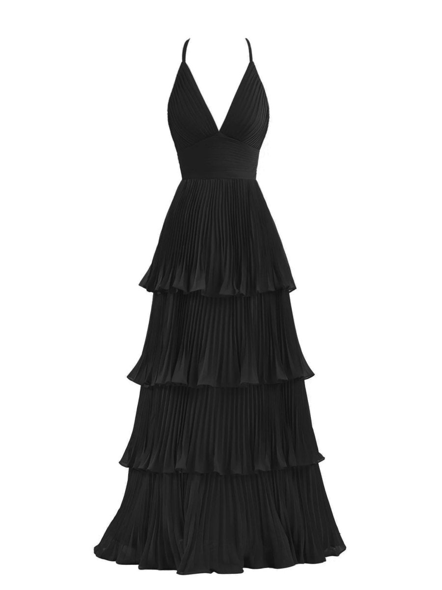 Dark Green A-Line Tiered Floor Length Chiffon Bridesmaid Dress