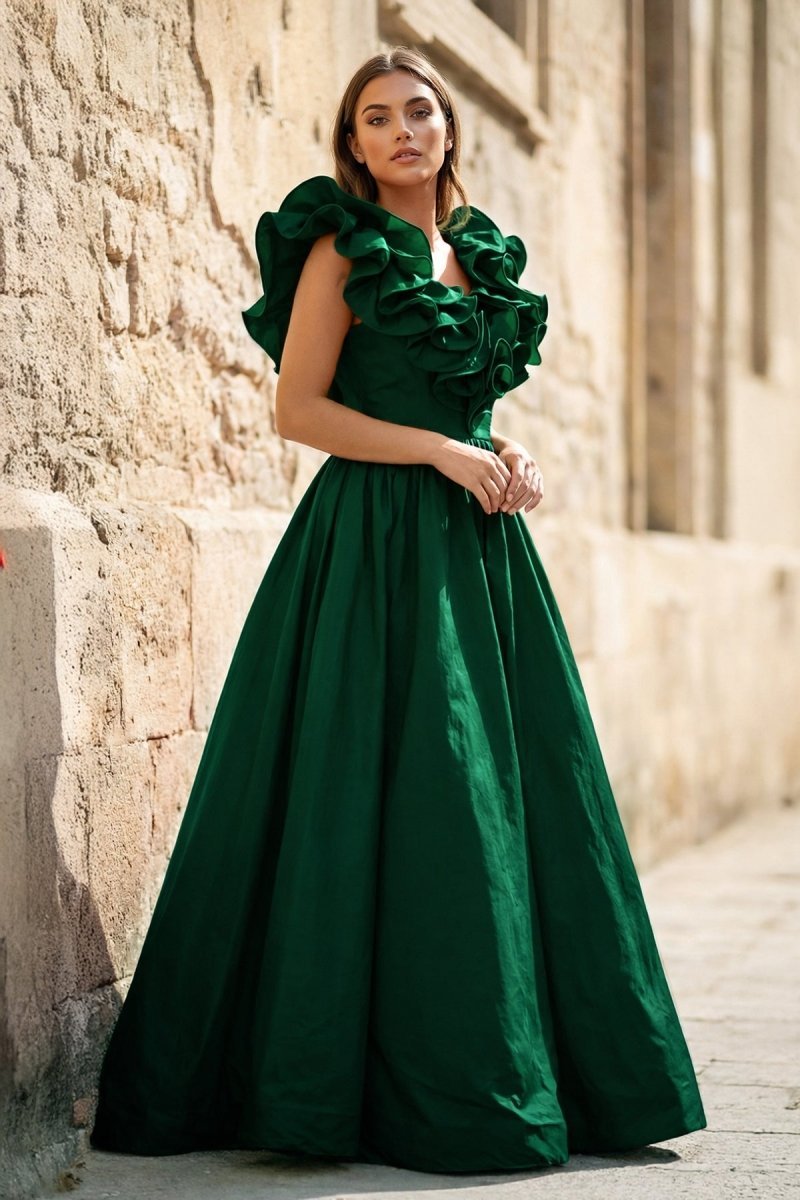 Dark Green Ruffle V Neck Satin A - Line Long Prom Dresses - KissProm