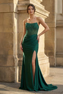 Dark Green Beaded Strapless Mermaid Long Formal Dress With Slit | KISSPROM