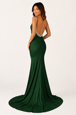 Navy Blue Beaded V-Neck Backless Mermaid Long Prom Dress - KissProm