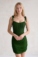 Dark Green Bodycon Scoop Neck Beaded Satin Corset Homecoming Dresses with Bow Straps | KISSPROM