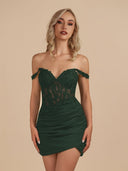 Dark Green Bodycon Sweetheart Mini Party Dress with Lace Appliques | KISSPROM