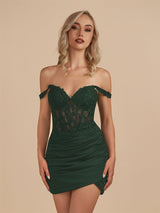 Dark Green Bodycon Sweetheart Mini Party Dress with Lace Appliques | KISSPROM