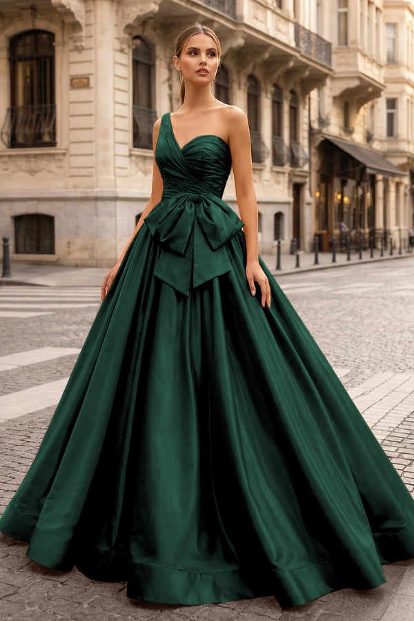 KissProm-Dark Green One Shoulder Satin A Line Prom Dress With Bow