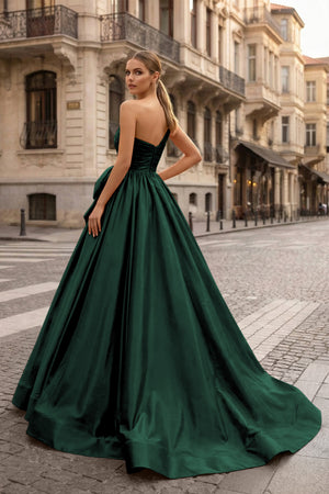 KissProm-Dark Green One Shoulder Satin A Line Prom Dress With Bow