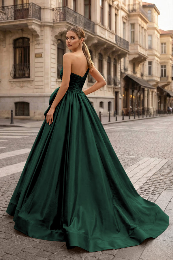 KissProm-Dark Green One Shoulder Satin A Line Prom Dress With Bow