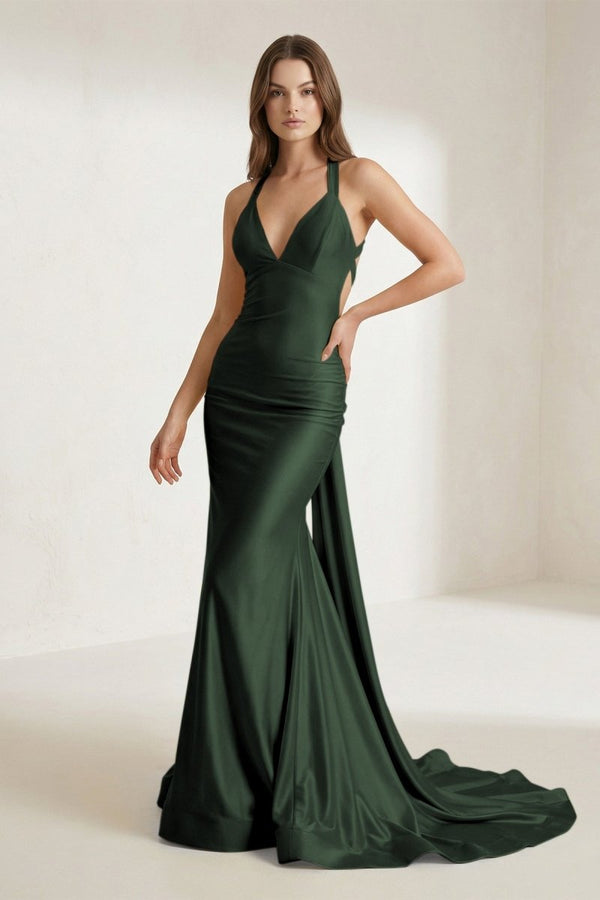 Dark Green Halter Satin Mermaid Open Back Long Formal Dress (2) | KISSPROM
