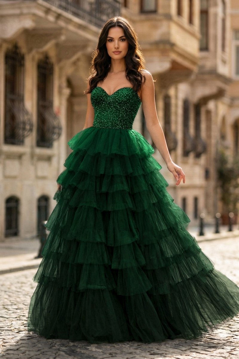 Spaghetti Straps Sweetheart Layered Tulle Formal Prom Dress with Slit