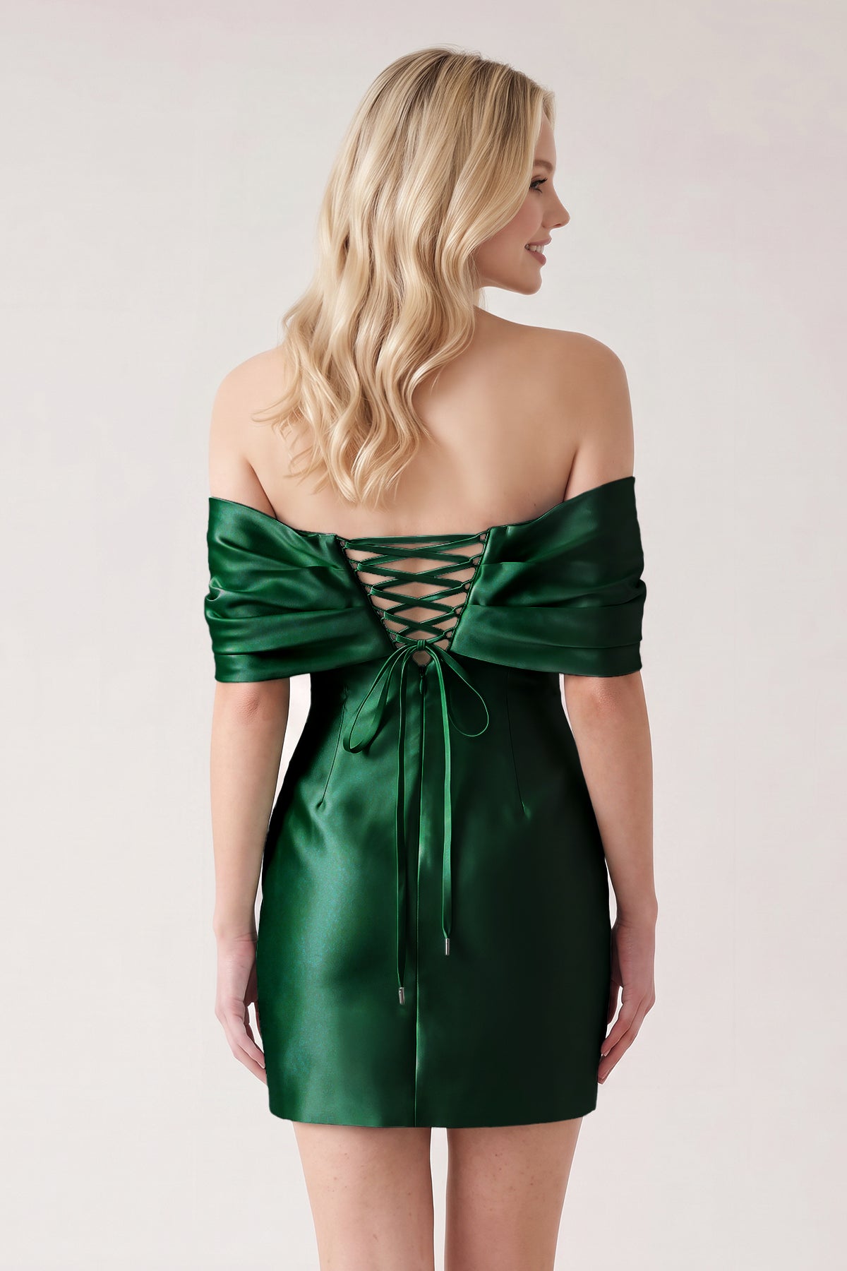 KissProm Aqua Off The Shoulder Satin Bodycon Short Homecoming Dress With Beading, Dark Green / 00