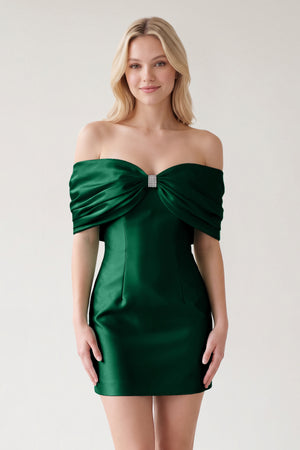 Dark Green Off The Shoulder Satin Bodycon Short Homecoming Dress With Beading | KISSPROM