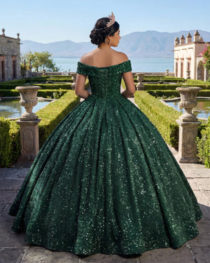 Dark Green Off The Shoulder Sequined Ball Gown Quinceanera Dresses (2) | KISSPROM