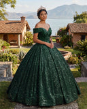 Dark Green Off The Shoulder Sequined Ball Gown Quinceanera Dresses | KISSPROM