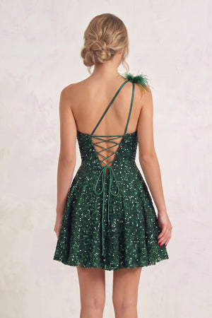 Dark Green One Shoulder A Line Sequins Homecoming Dresses With Feathers (2) | KISSPROM