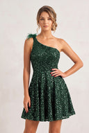 Dark Green One Shoulder A Line Sequins Homecoming Dresses With Feathers | KISSPROM