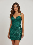 Dark Green Sheath V-Neck Sequined Mini Party Dress with Beading | KISSPROM