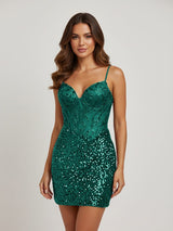 Dark Green Sheath V-Neck Sequined Mini Party Dress with Beading | KISSPROM