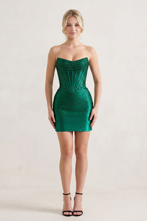 Emerald Sparkly Beaded Strapless Sheath Corset Homecoming Dress - KISSPROM