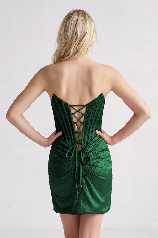 Dark Green Strapless Satin Bodycon Short Homecoming Dresses With Beading (4) | KISSPROM
