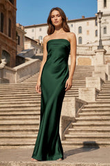 Dark Green Strapless Sheath Satin Open Back Long Formal Dress | KISSPROM