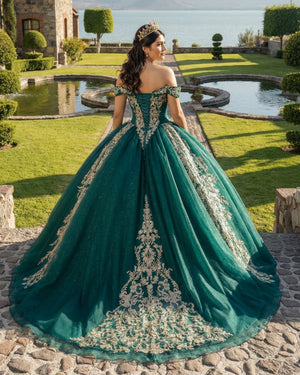 Ball Gown Organza Off-the-Shoulder Dark Green Quinceanera Dress, Dark Green / 00