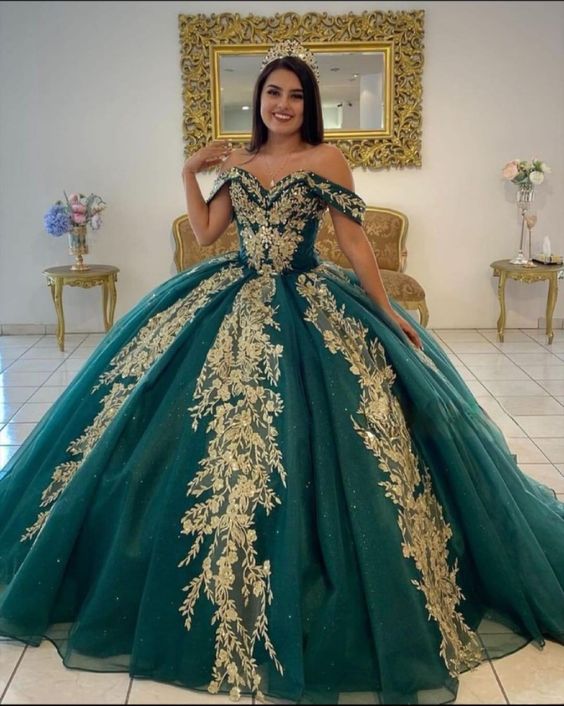 KissProm Ball Gown Organza Off-the-Shoulder Dark Green Quinceanera Dress, Dark Green / 00