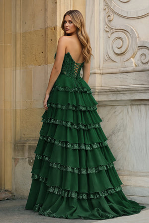 KissProm-Dark Green Sweetheart A Line Sequined Lace Ruffled Long Prom Dresses With Appliques