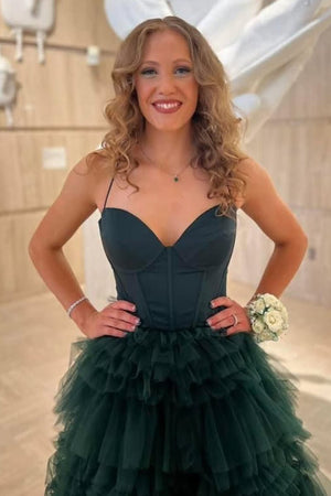 Dark Green Sweetheart Ruffle Tiered Tulle Long Prom Dresses with Slit Dark Green / 12 Dark Green Sweetheart Ruffle Tiered Tulle Long Prom Dresses with Slit Dark Green / 12