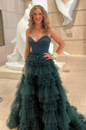 Dark Green Sweetheart Ruffle Tiered Tulle Long Prom Dresses with Slit - KissProm