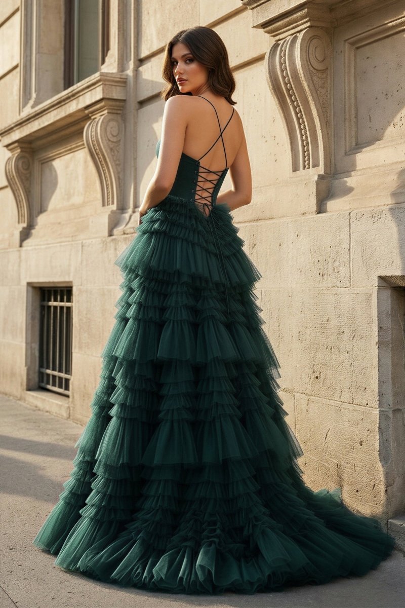 Dark Green Sweetheart Ruffle Tiered Tulle Long Prom Dresses with Slit - KISSPROM PROM DRESSES