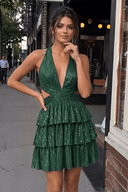 Dark Green V Neck A Line Cutout Satin Tiered Homecoming Dress With Beading | KISSPROM