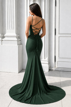 Purple Spaghetti Straps Lace-Up Mermaid Long Formal Dress-KissProm