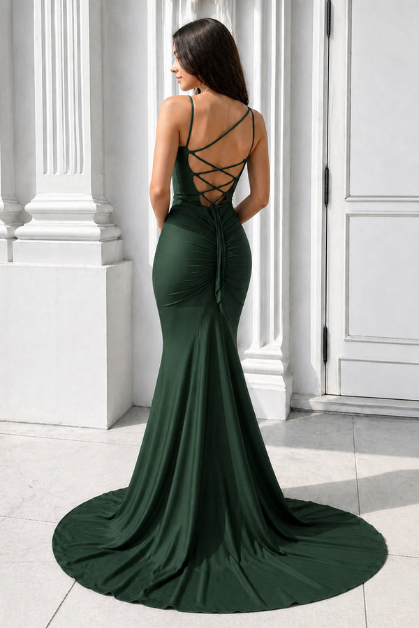 Purple Spaghetti Straps Lace-Up Mermaid Long Formal Dress-KissProm
