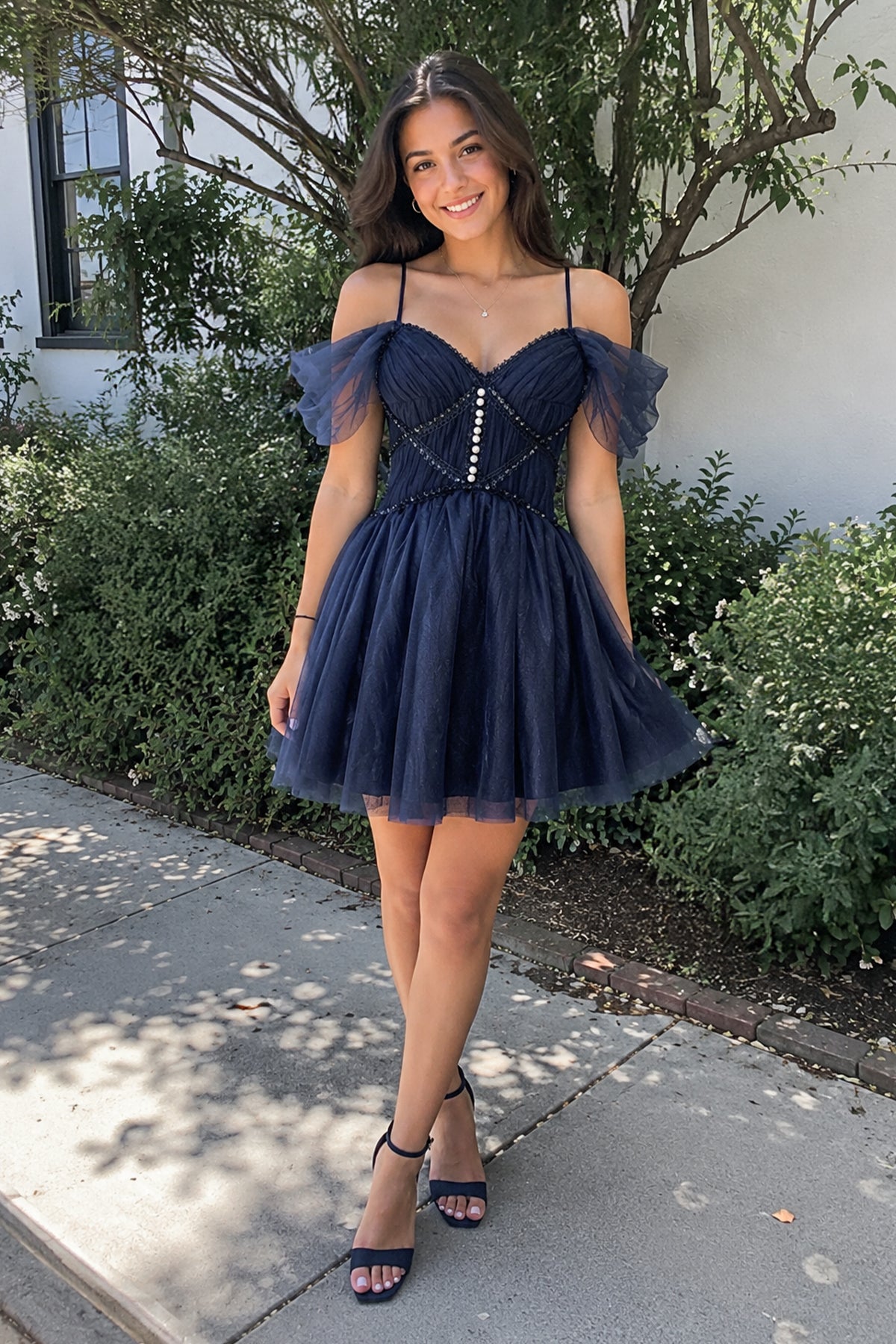 KissProm A-line V Neck Tulle Homecoming Dresses, Navy Blue / 6
