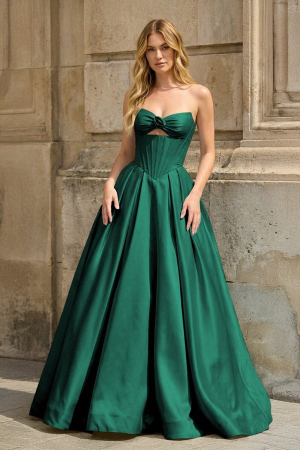 Dark Green Strapless A Line Pleated Satin Long Prom Dresses With Flower - KissProm