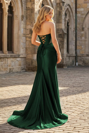 Dark Green Strapless Mermaid Satin Beaded Long Prom Dresses With Slit - KissProm